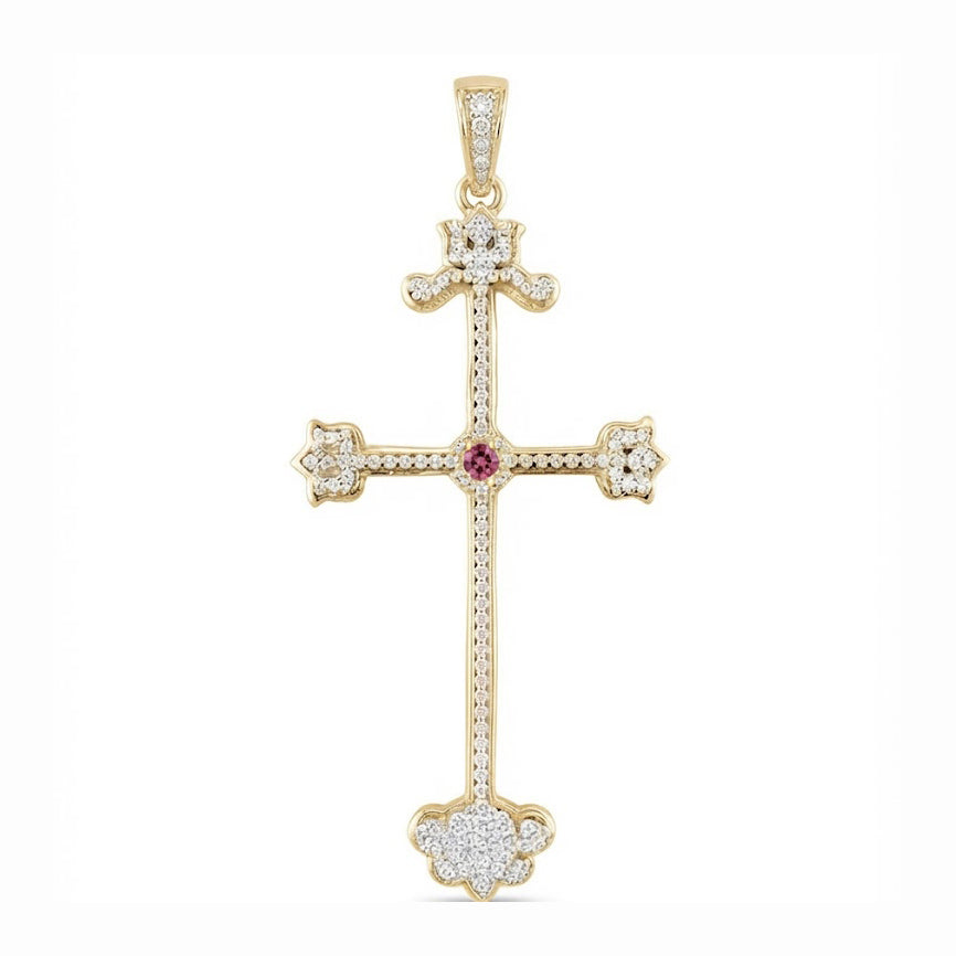 Ornate Cross Pendant with Pink Center Stone