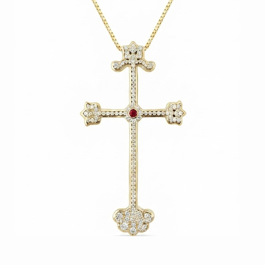 Ornate Cross Pendant with Pink Center Stone