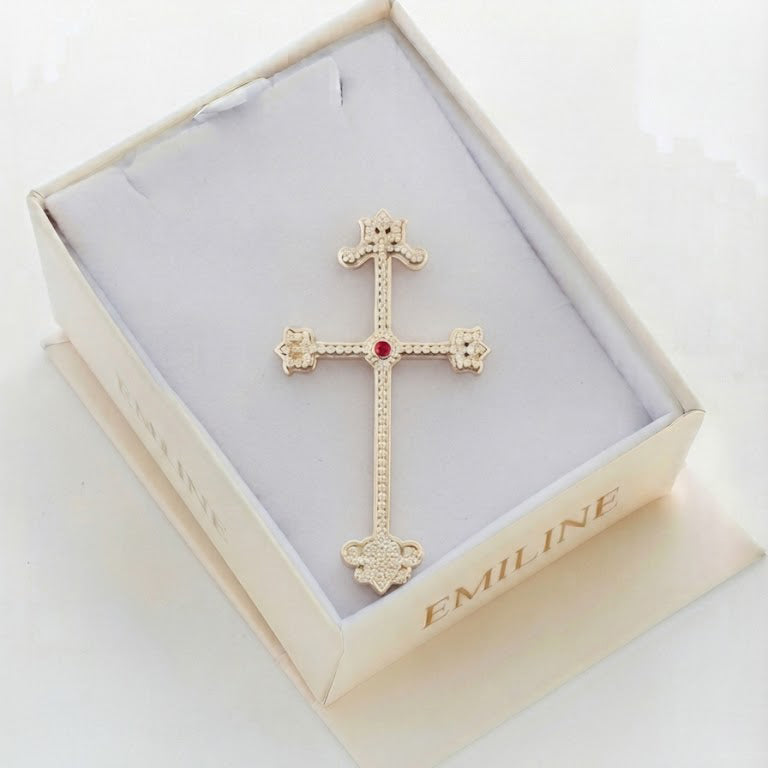 Ornate Cross Pendant with Pink Center Stone