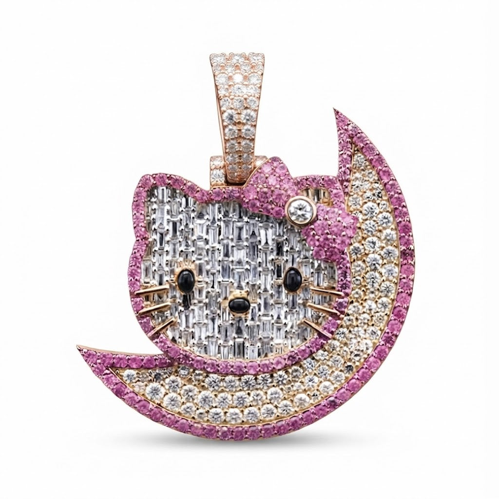 Cat on Crescent Moon Diamond Pendant