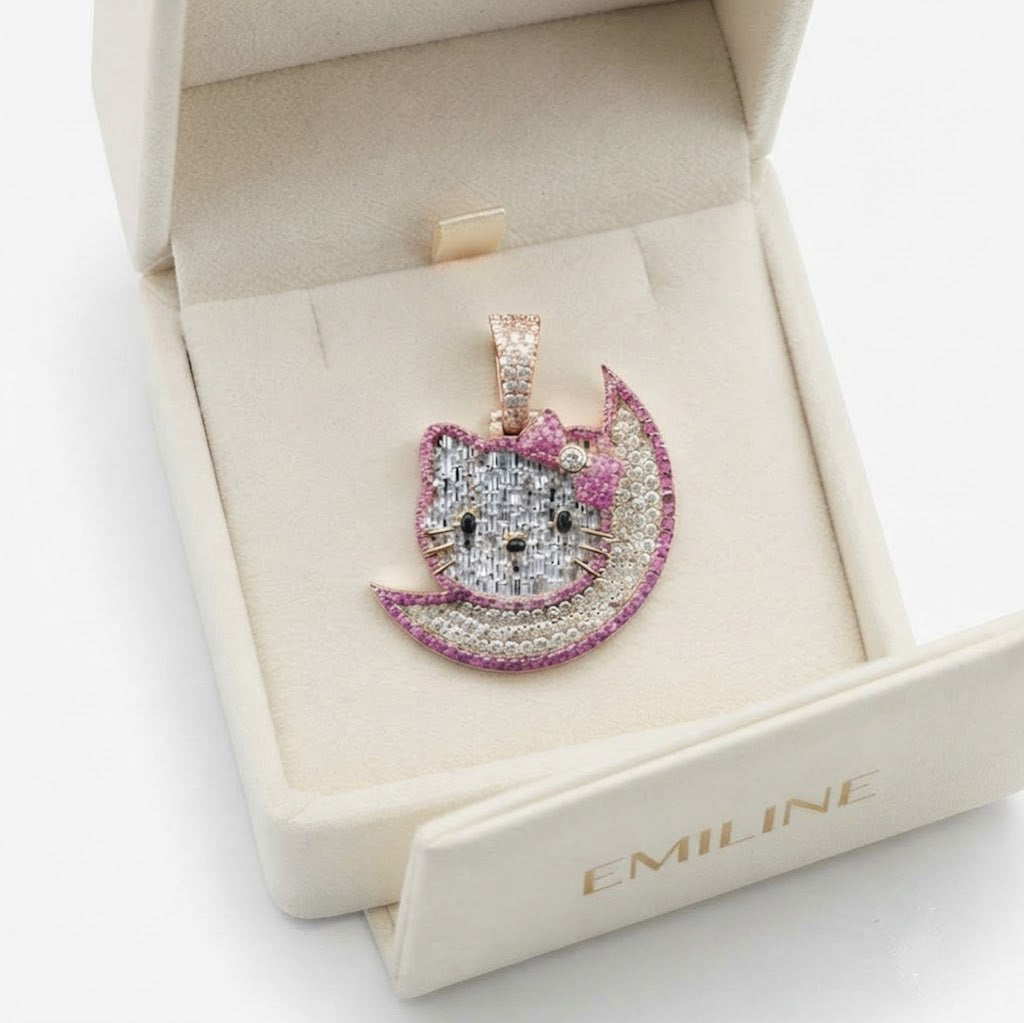 Cat on Crescent Moon Diamond Pendant