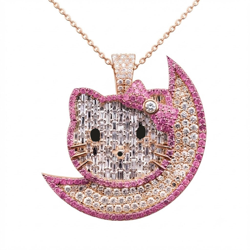 Cat on Crescent Moon Diamond Pendant