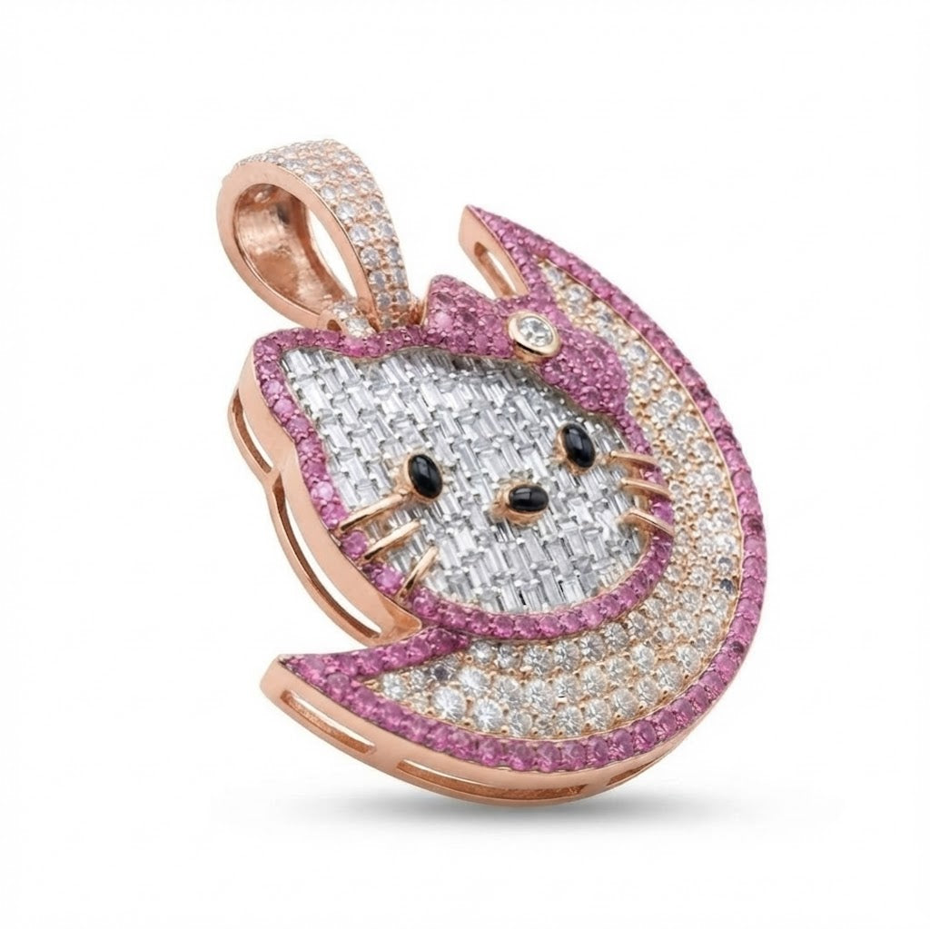 Cat on Crescent Moon Diamond Pendant