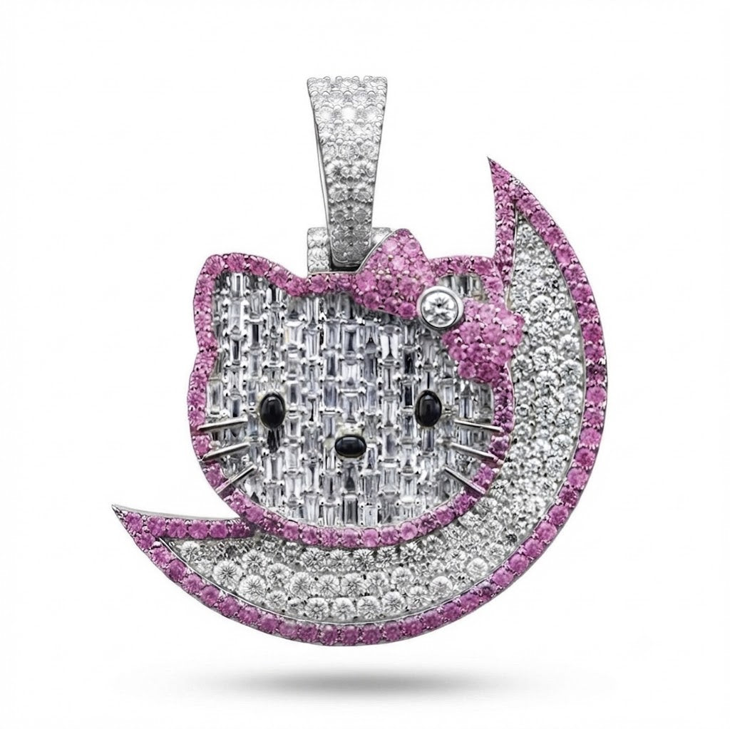 Cat on Crescent Moon Diamond Pendant