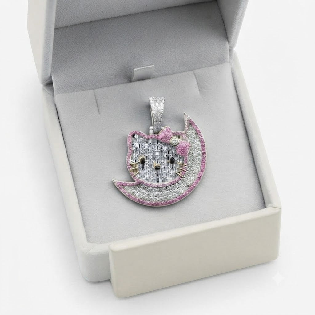 Cat on Crescent Moon Diamond Pendant