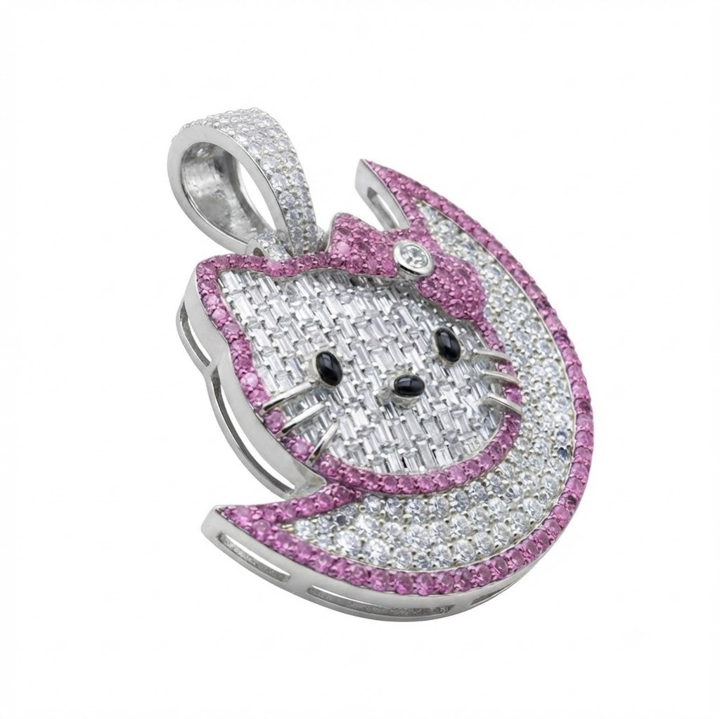 Cat on Crescent Moon Diamond Pendant
