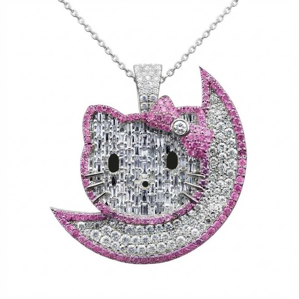 Cat on Crescent Moon Diamond Pendant