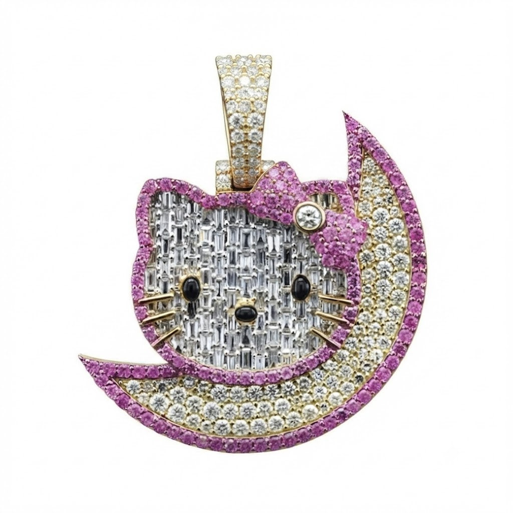 Cat on Crescent Moon Diamond Pendant