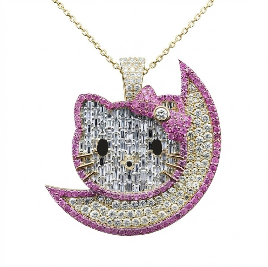 Cat on Crescent Moon Diamond Pendant