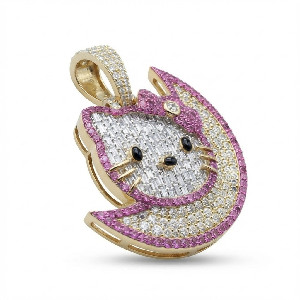 Cat on Crescent Moon Diamond Pendant