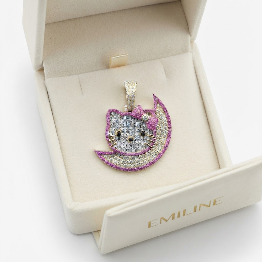 Cat on Crescent Moon Diamond Pendant