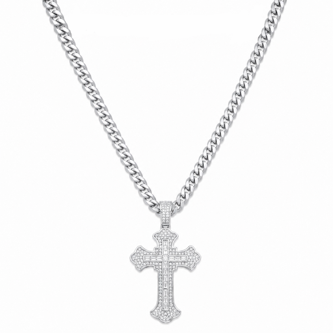 Iced Moissanite Cross Pendant Necklace