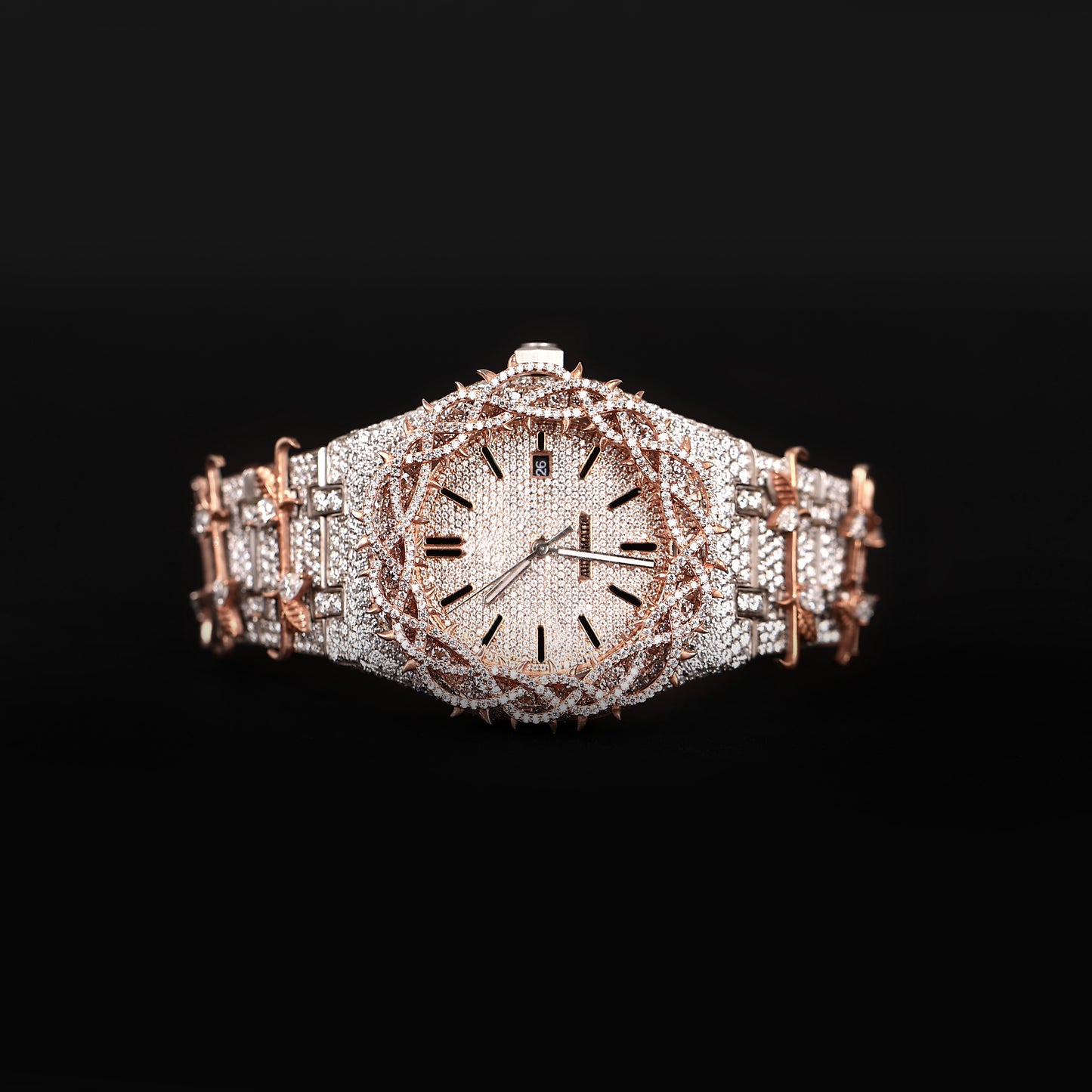 premium automatic watch with fully iced bracelet and unique bezel design