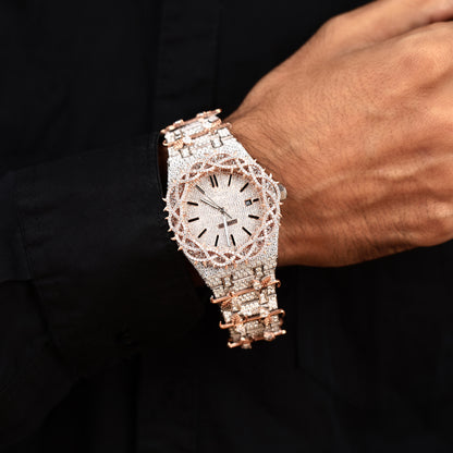 iced out watch with rose details and premium diamond setting