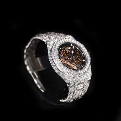 luxury moissanite watch with black skeleton dial and diamond style stones