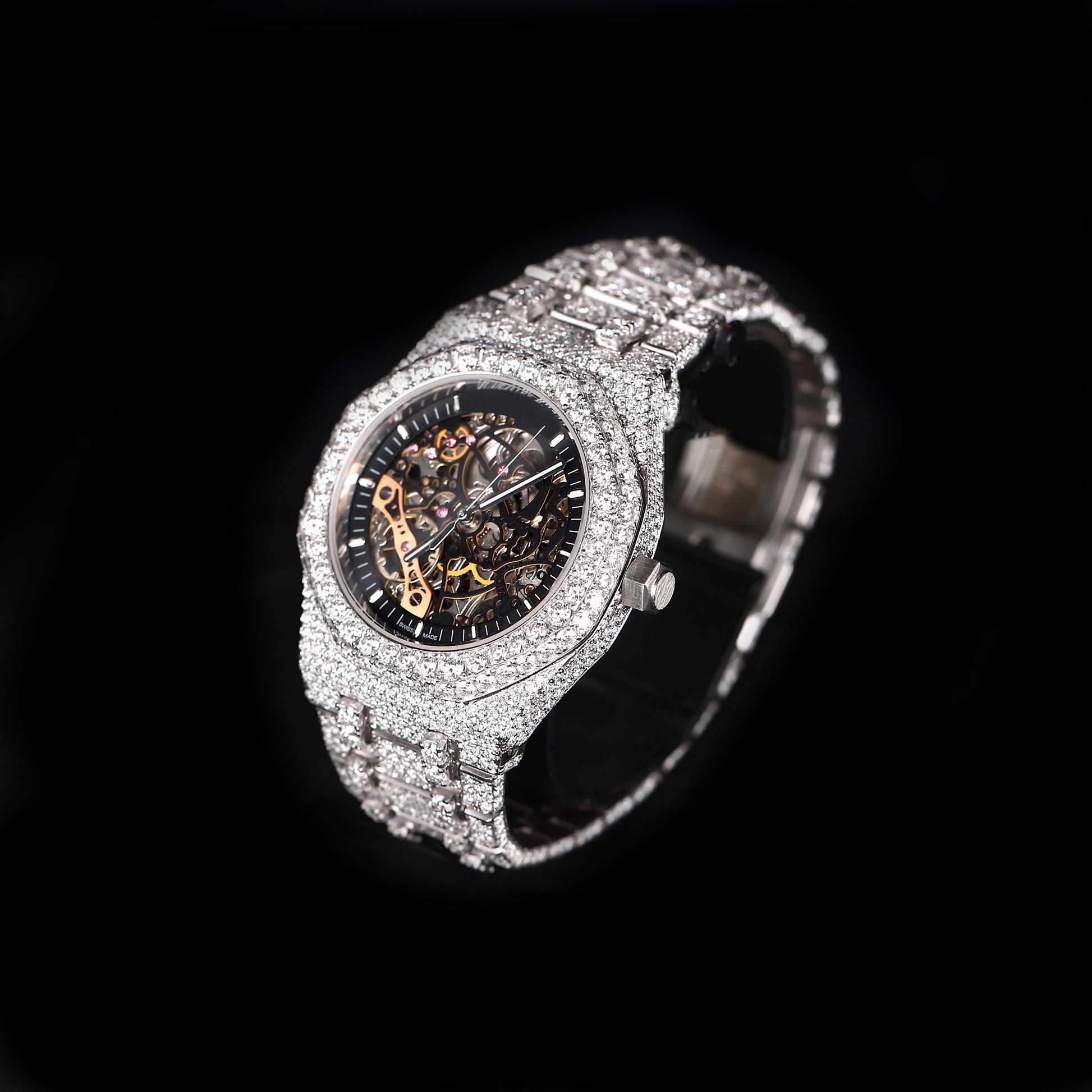 hip hop style iced watch with automatic movement and full stone bracelet
