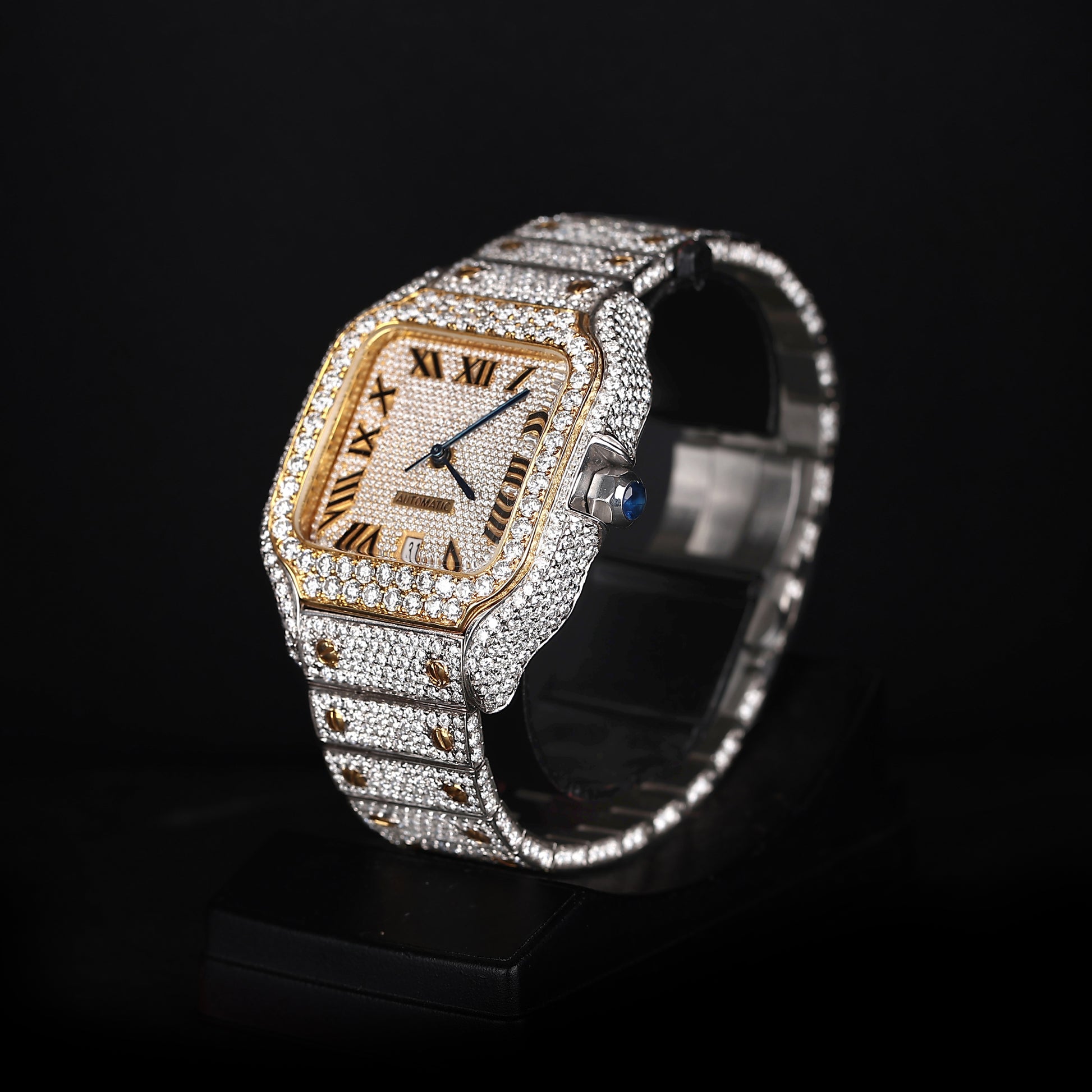 premium moissanite watch with square face and full diamond setting white yellow design