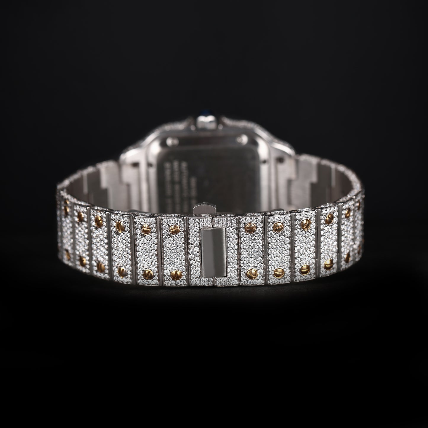 hip hop style diamond watch with white and yellow metal and square roman dial