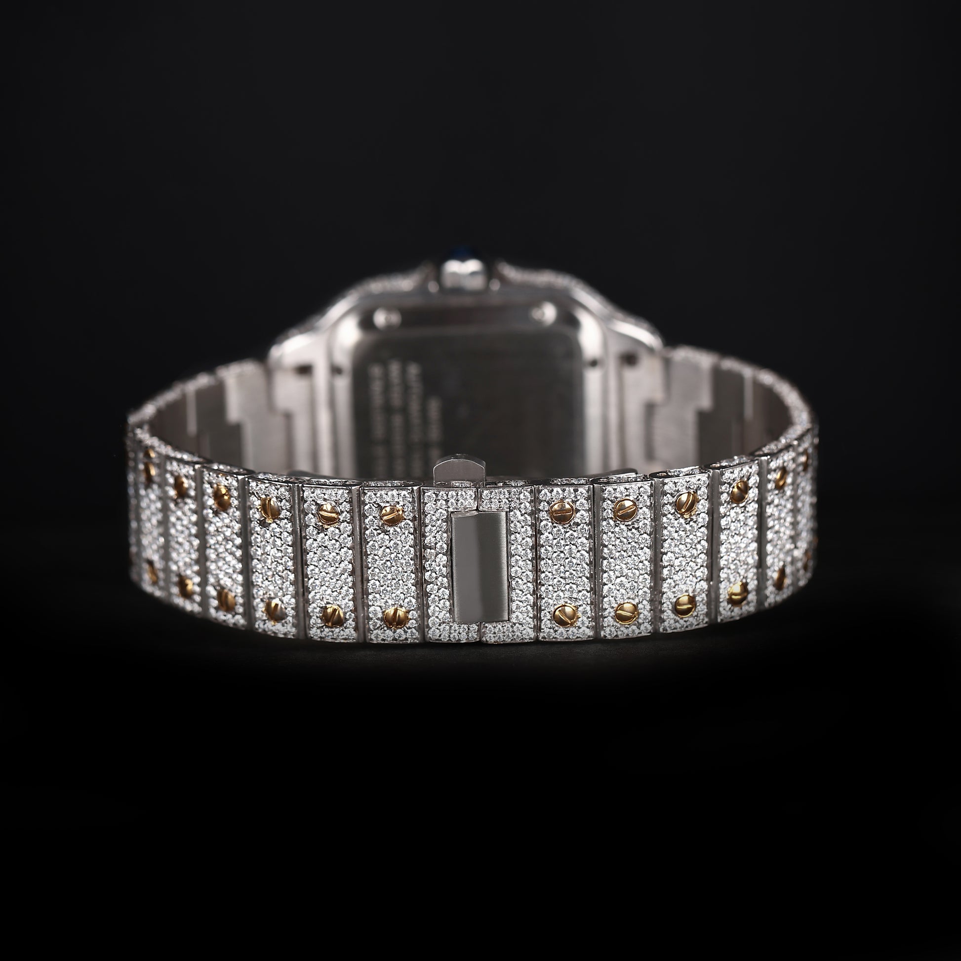 hip hop style diamond watch with white and yellow metal and square roman dial