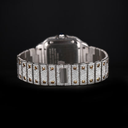 hip hop style diamond watch with white and yellow metal and square roman dial