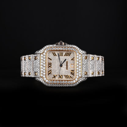 mens iced out watch white yellow combination with roman numerals and strong shine