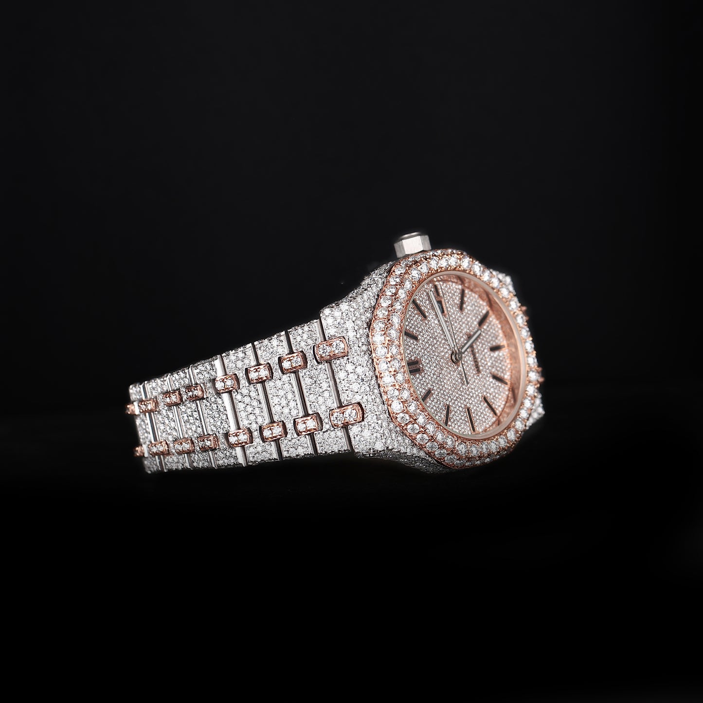 automatic luxury watch with full iced bracelet and round dial close up