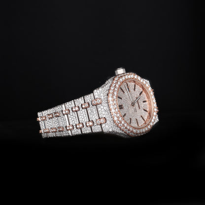 automatic luxury watch with full iced bracelet and round dial close up