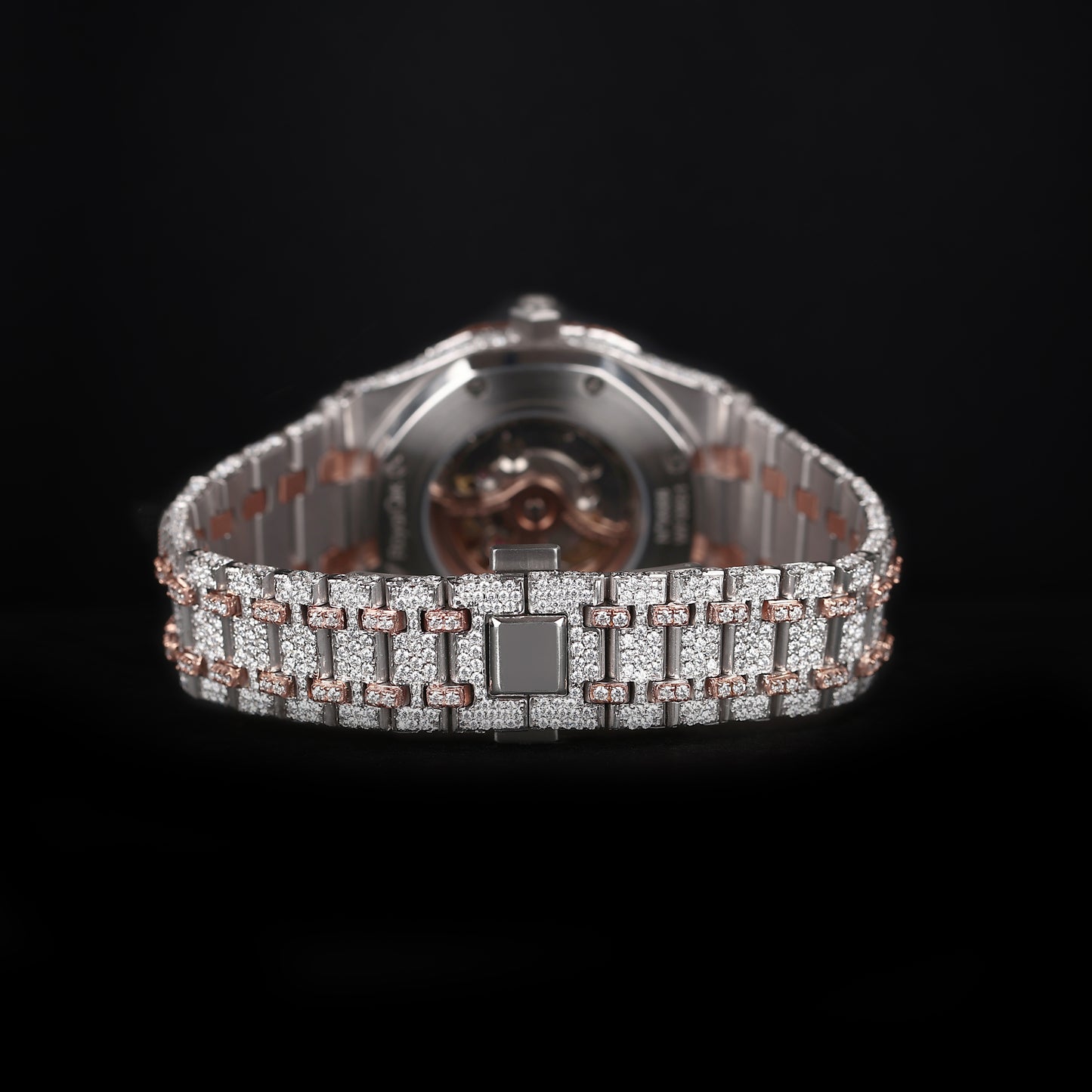 mens hip hop style iced out watch with rose tone bezel and strong shine finish