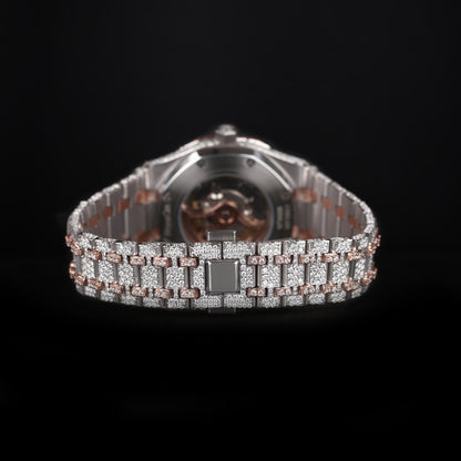 mens hip hop style iced out watch with rose tone bezel and strong shine finish