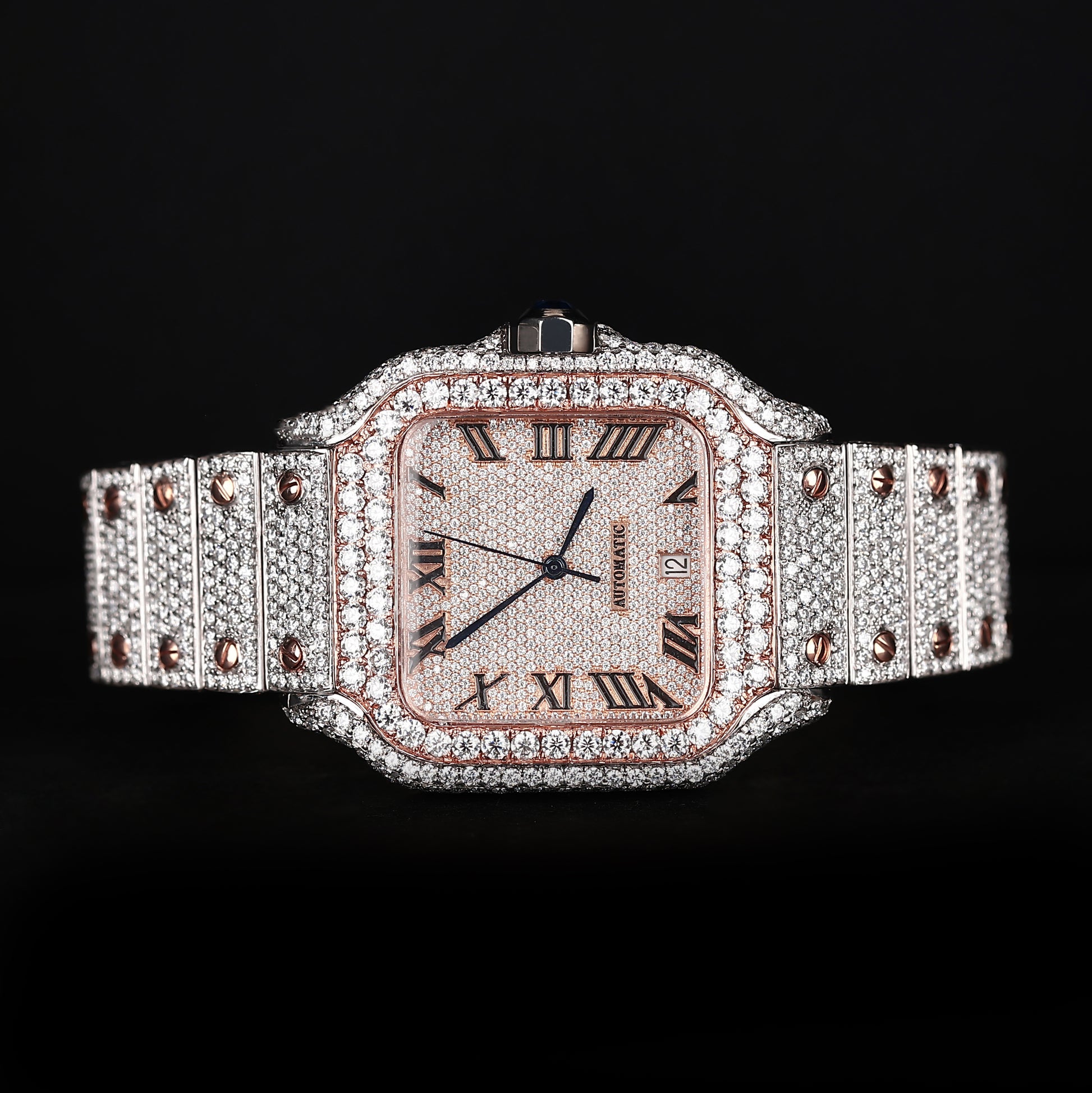 luxury iced out watch with square face and full stone setting white rose finish