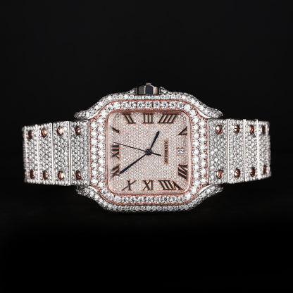 luxury iced out watch with square face and full stone setting white rose finish