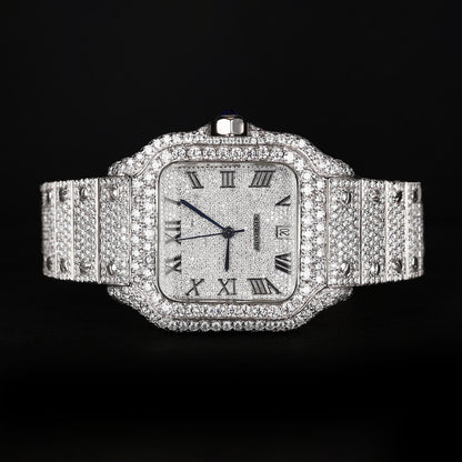 automatic luxury watch with iced out bracelet and clean white dial