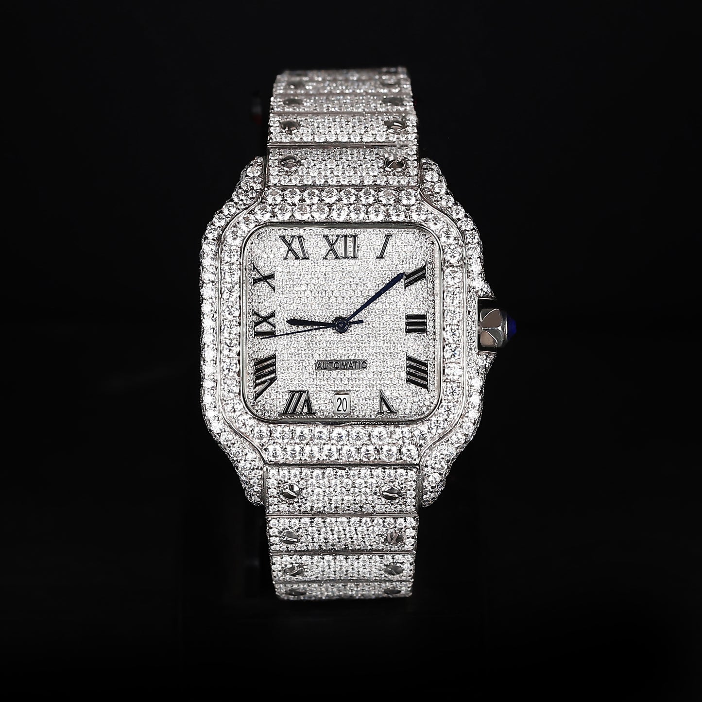luxury iced out watch with roman numeral dial and full diamond shine