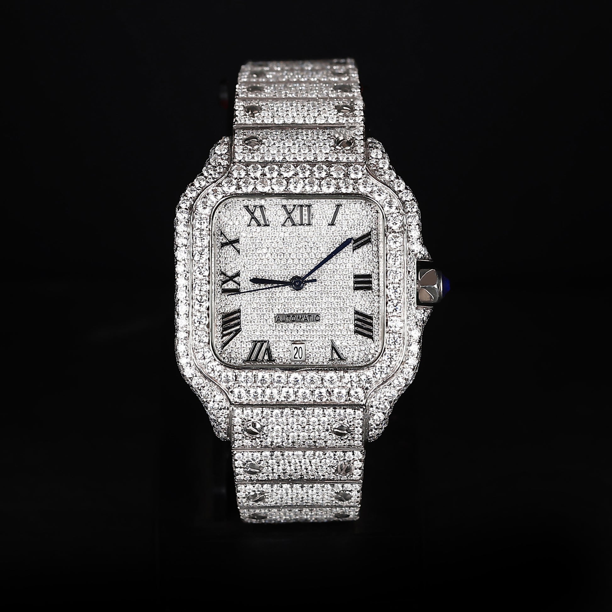 luxury iced out watch with roman numeral dial and full diamond shine