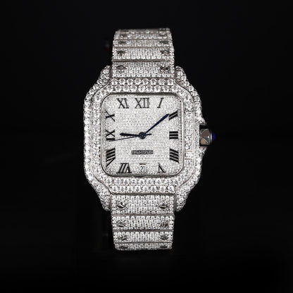 luxury iced out watch with roman numeral dial and full diamond shine