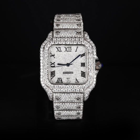 luxury iced out watch with roman numeral dial and full diamond shine