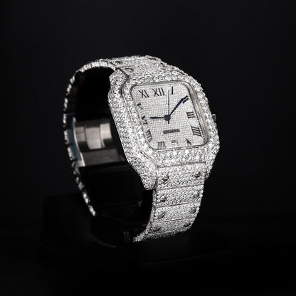 premium moissanite iced out watch with square face and white finish