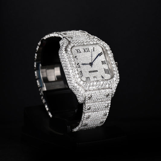 premium moissanite iced out watch with square face and white finish