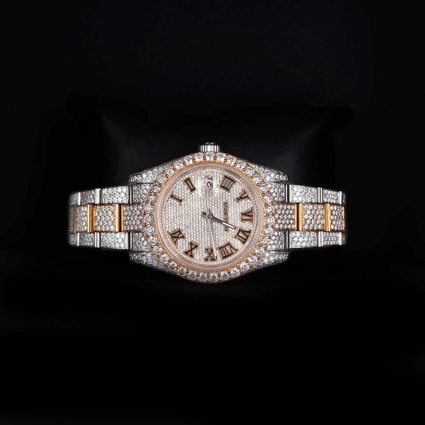 automatic luxury watch with full iced bracelet and roman dial close up