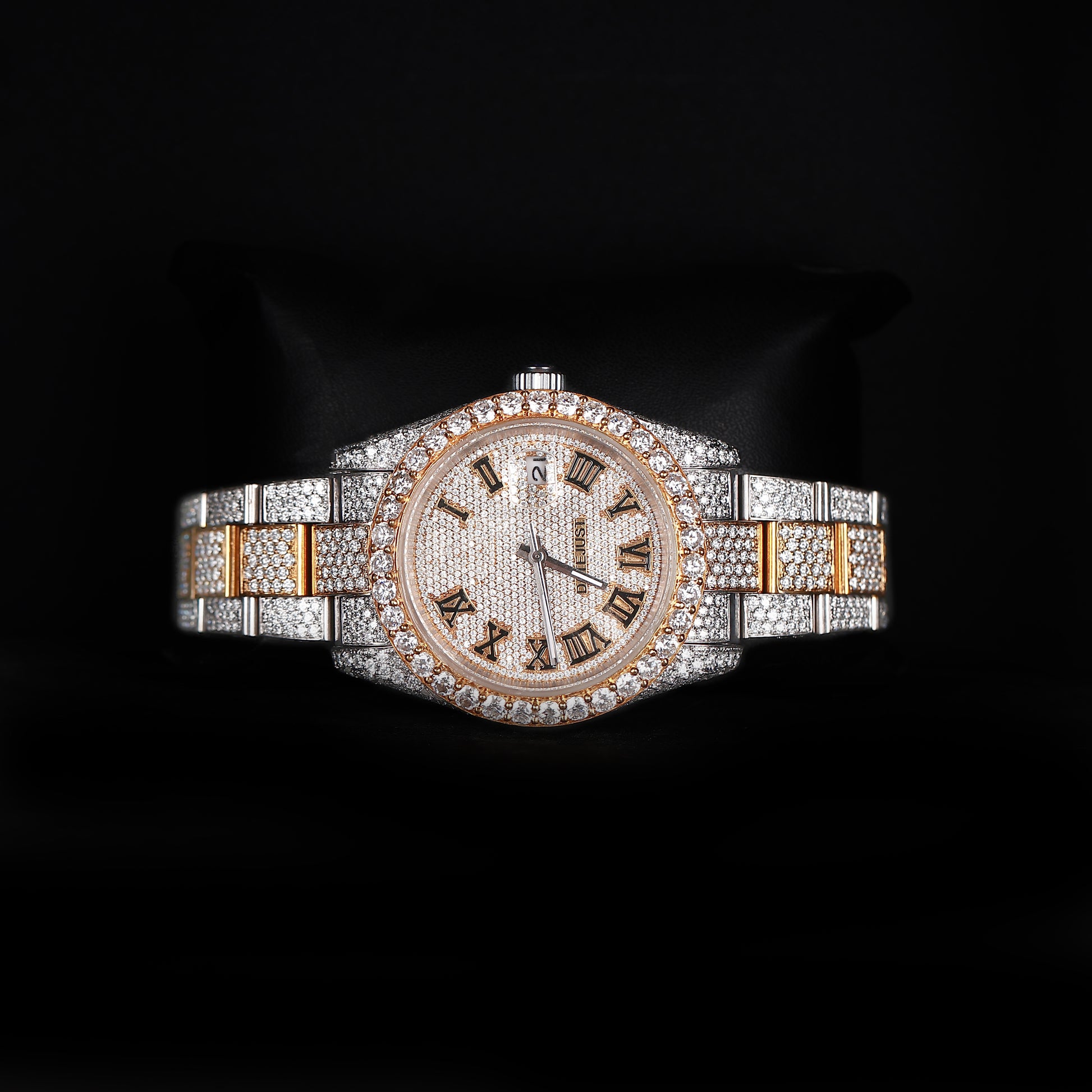 automatic luxury watch with full iced bracelet and roman dial close up