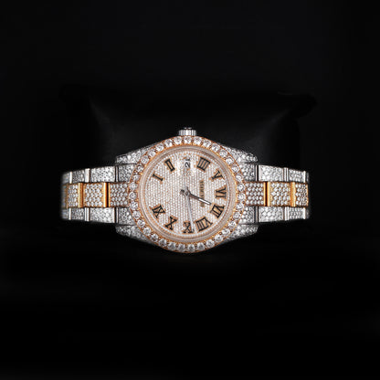 automatic luxury watch with full iced bracelet and roman dial close up