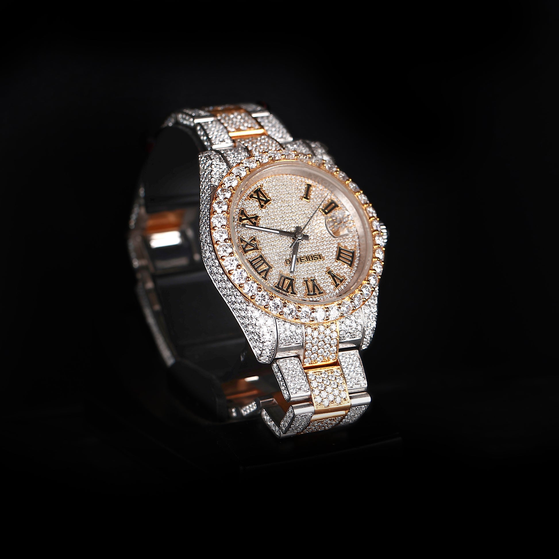 premium moissanite watch with round face and white yellow iced out design