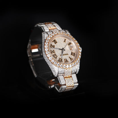 premium moissanite watch with round face and white yellow iced out design