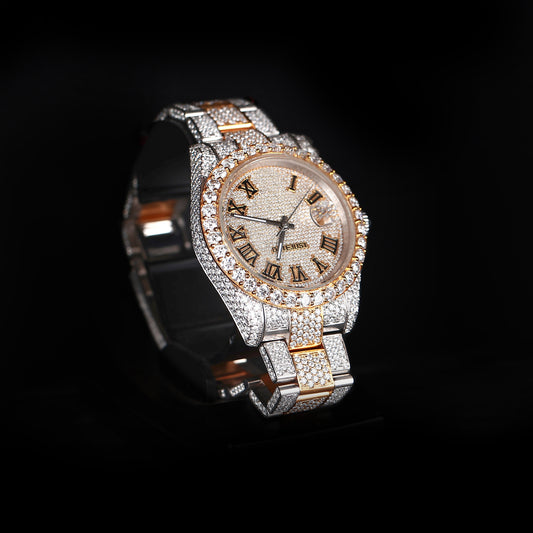 premium moissanite watch with round face and white yellow iced out design