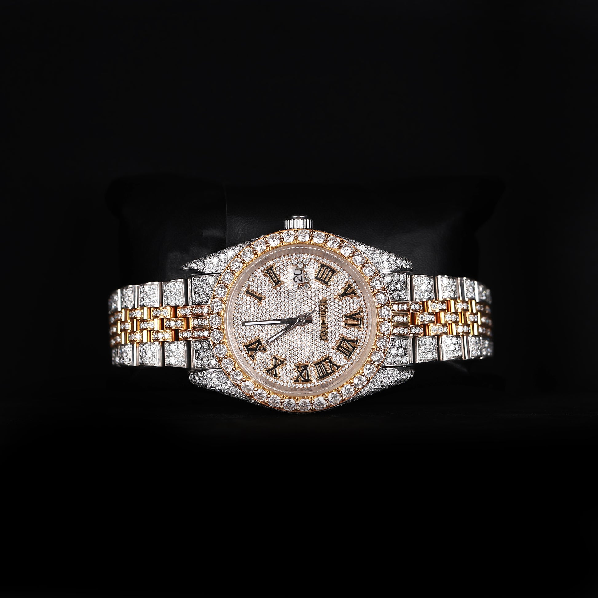 automatic luxury watch with full iced bracelet and roman dial close up