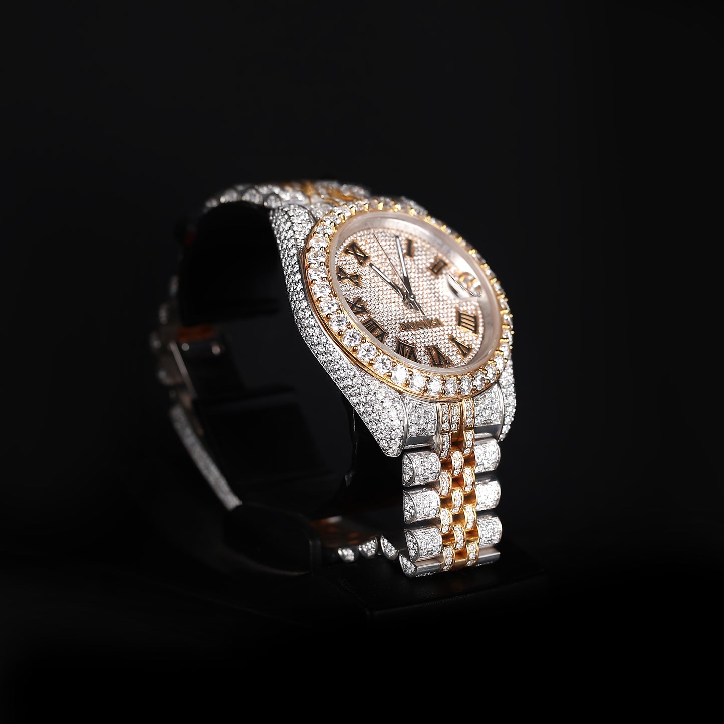 mens hip hop style iced out watch with roman numbers and strong shine finish