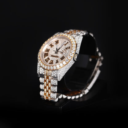 premium moissanite watch with round face and white yellow iced out design