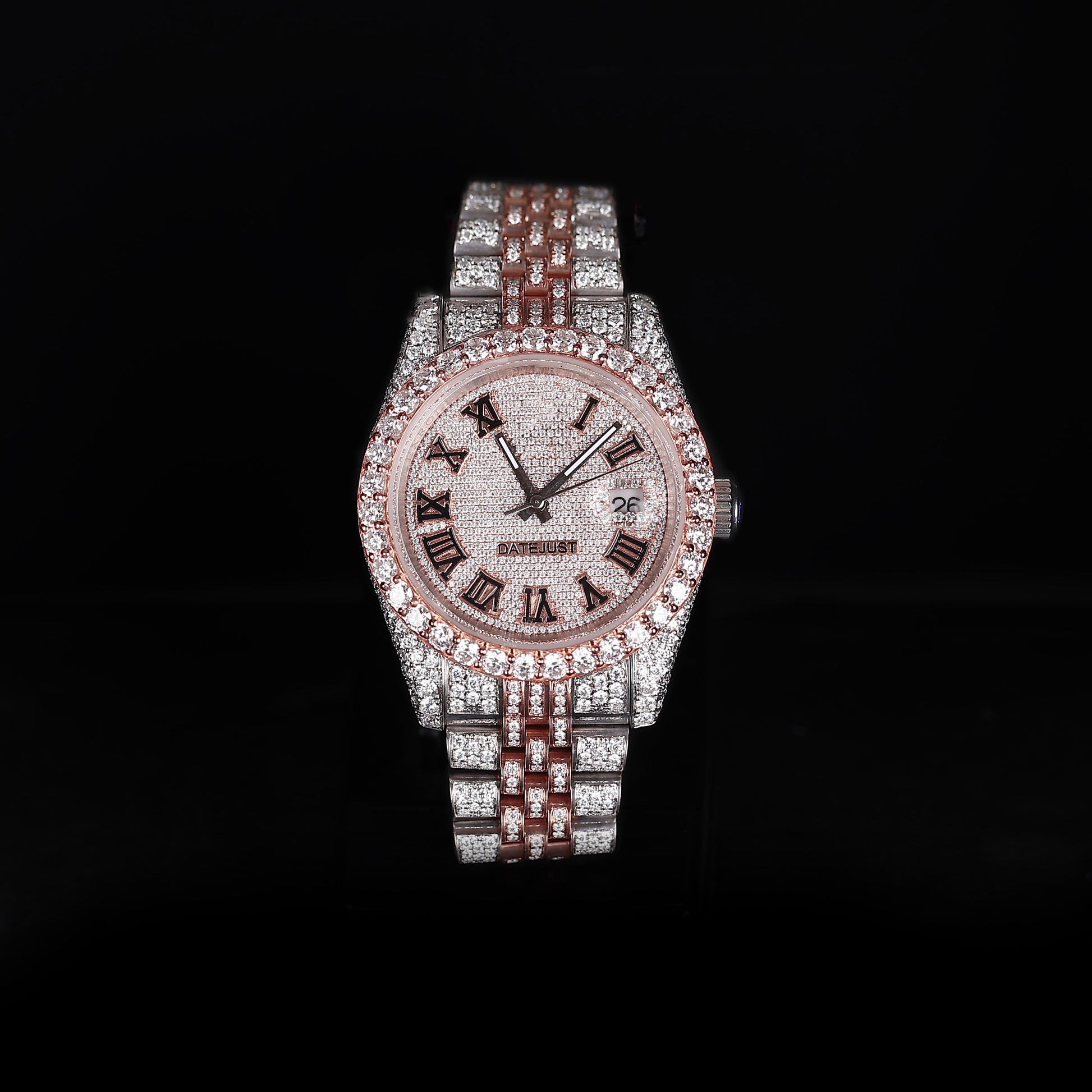 white and rose tone iced out watch with roman numeral dial and full diamond shine