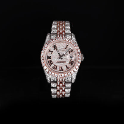 white and rose tone iced out watch with roman numeral dial and full diamond shine