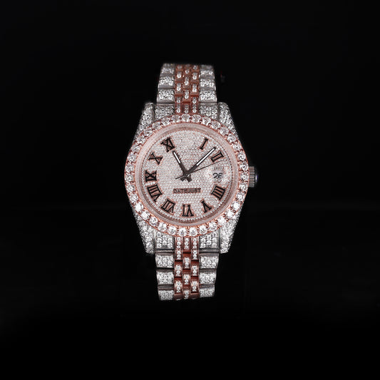 white and rose tone iced out watch with roman numeral dial and full diamond shine